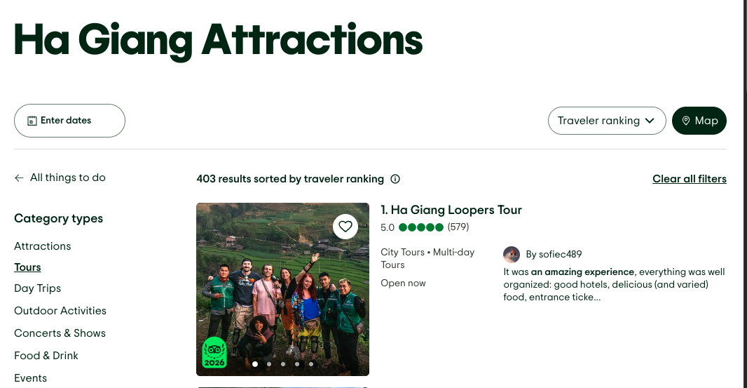 Ha Giang Loopers Tour Tripadvisor profile showing 5.0 rating and number 1 of 403 tours and activities in Ha Giang