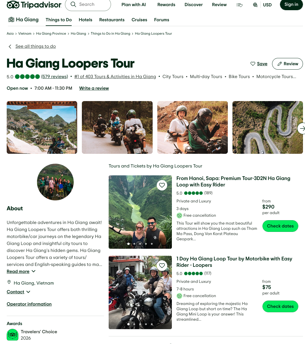 Ha Giang Loopers Tour ranked number 1 on Tripadvisor Ha Giang Attractions page